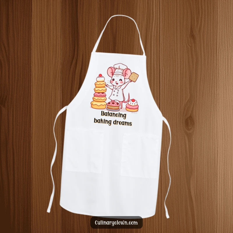 Funny Kawaii Mouse Chef Apron: A determined kawaii mouse chef is shown balancing a tall, precarious tower of assorted pastries, ready to bake.