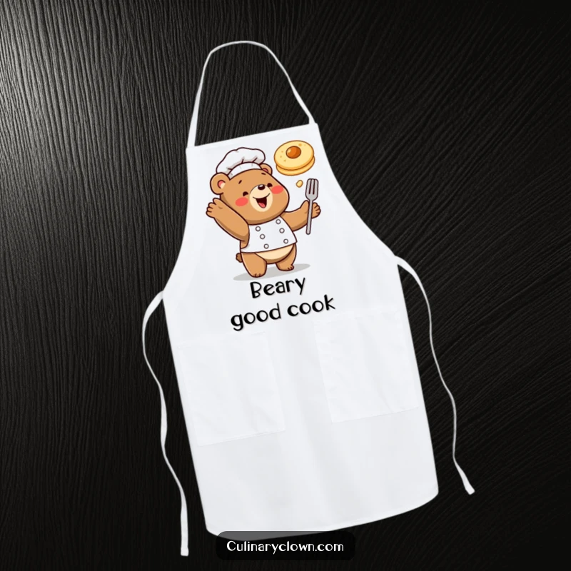 Funny apron of a happy bear chef playfully tossing a pancake, ideal for chefs who love a fun breakfast.