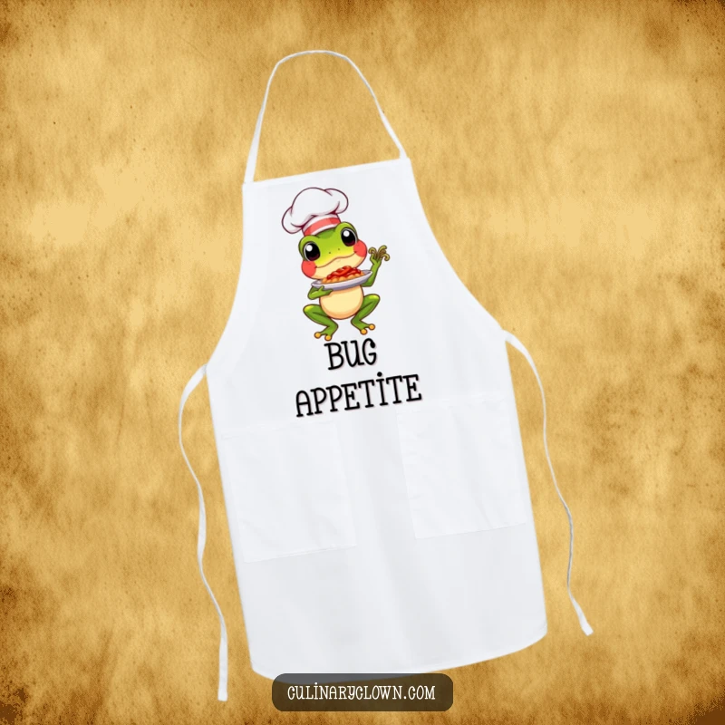 Funny chef frog wearing an apron, proudly presenting a well-cooked dish, a humorous kitchen essential.