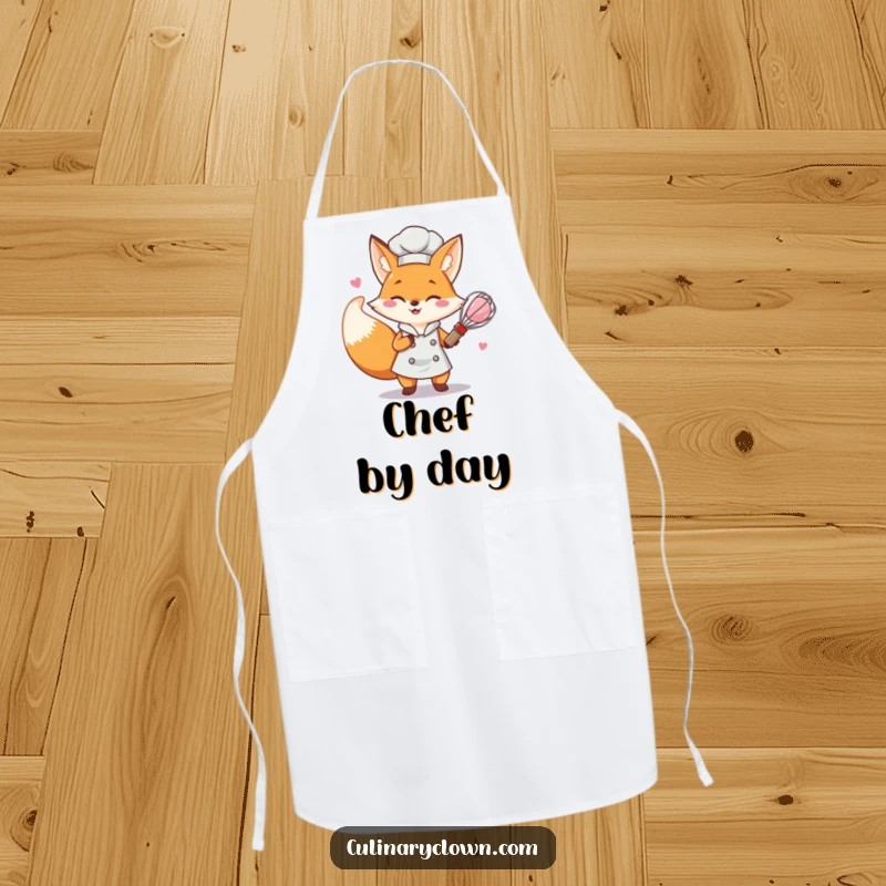 Funny determined fox chef character happily whisking pink batter on a functional apron.