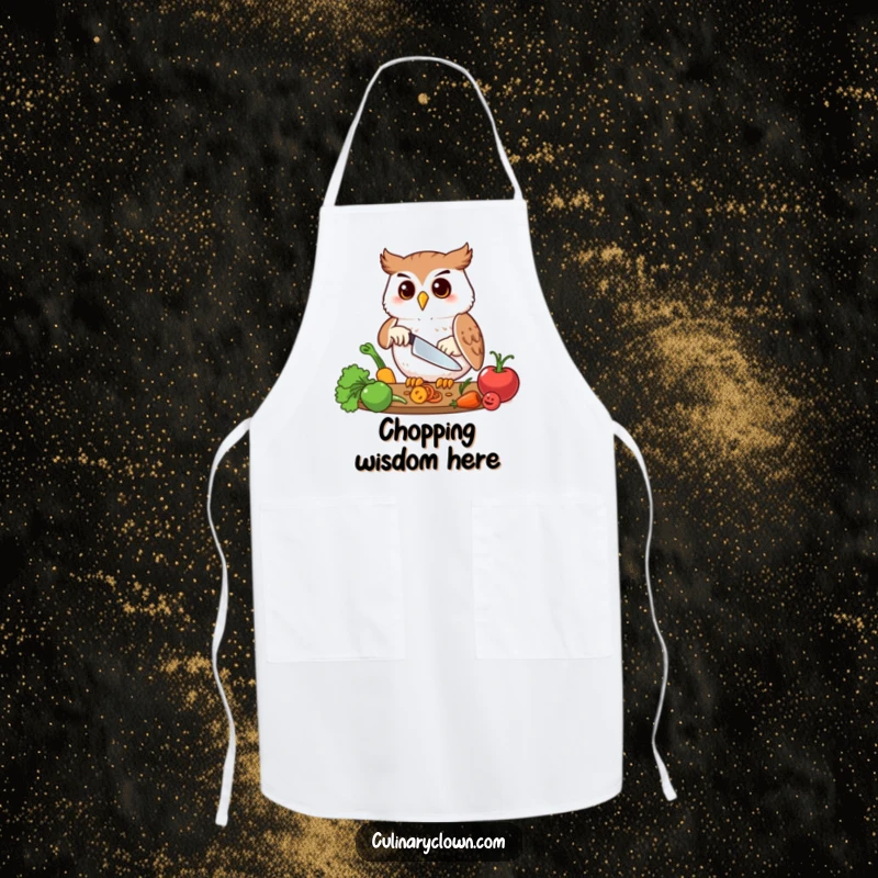 Funny apron showing a happy owl character precisely chopping vegetables, perfect for meticulous chefs.