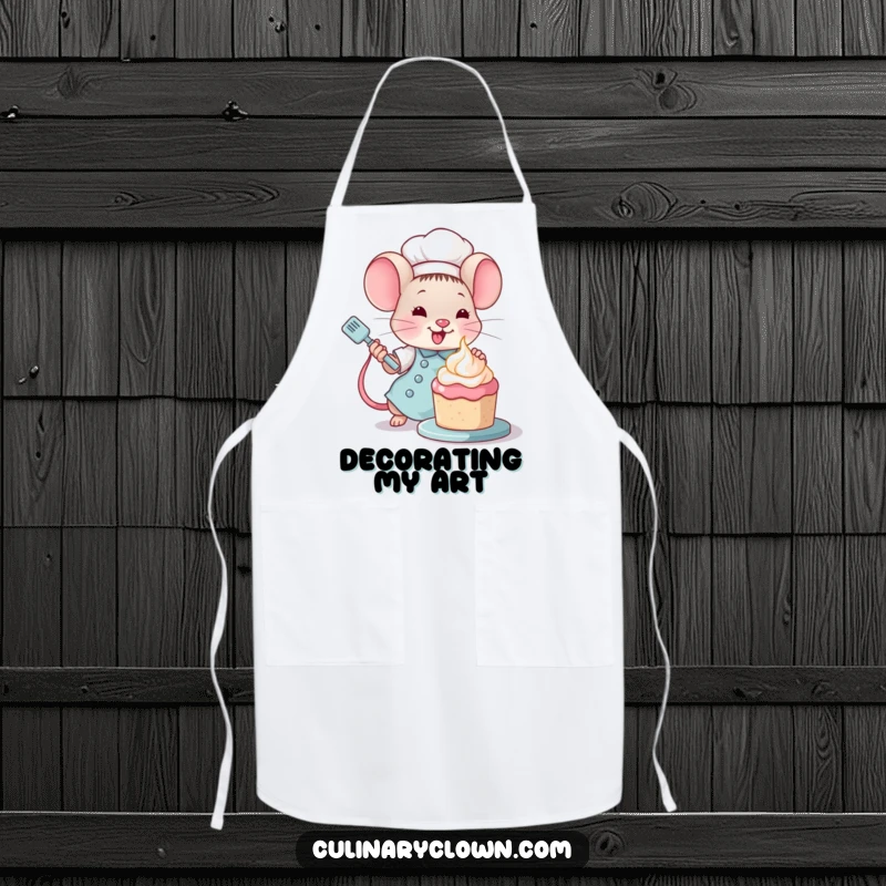 Funny Kawaii Mouse Chef Apron: Cute mouse chef decorating a cake, great for baking sessions.