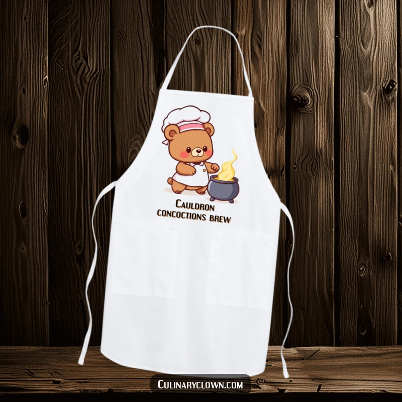 Cute bear chef character wearing a chef hat and stirring a bubbling cauldron, featured on a chef's funny apron, ideal funny gift.