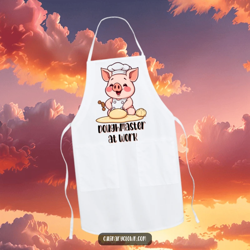 Funny chef apron with a happy chef pig character kneading dough, perfect for adding humorous baking fun to the kitchen.