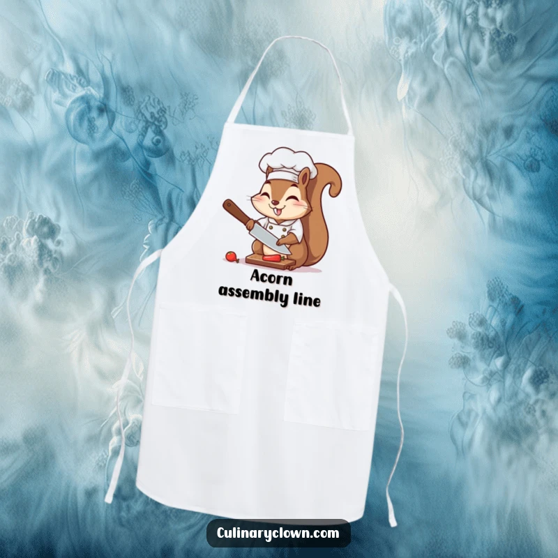 Funny chef squirrel in the middle of chopping, wearing a chef hat and apron, humorous kitchen wear.