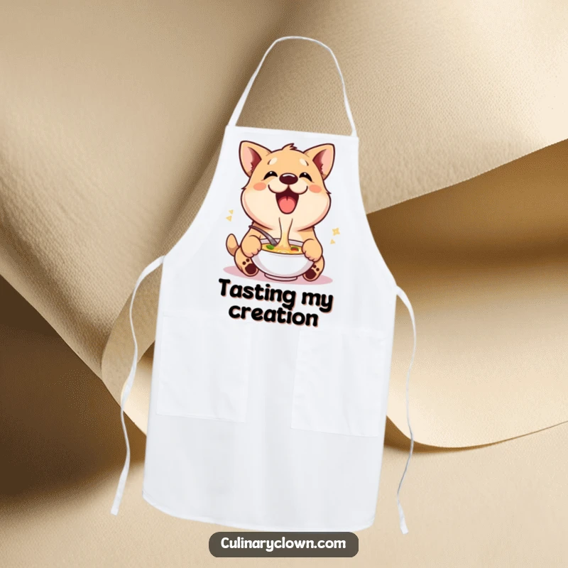Funny apron depicting a delighted dog character enthusiastically tasting soup, adding humor to the kitchen.