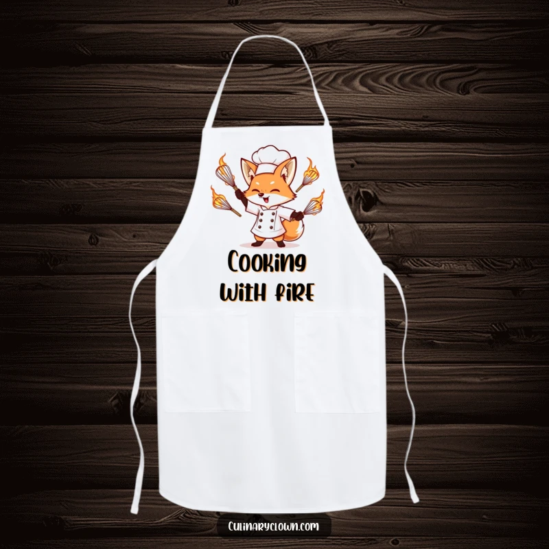 Funny apron showing a determined fox chef fearlessly juggling flaming whisks, designed for protection and adding a humorous touch.