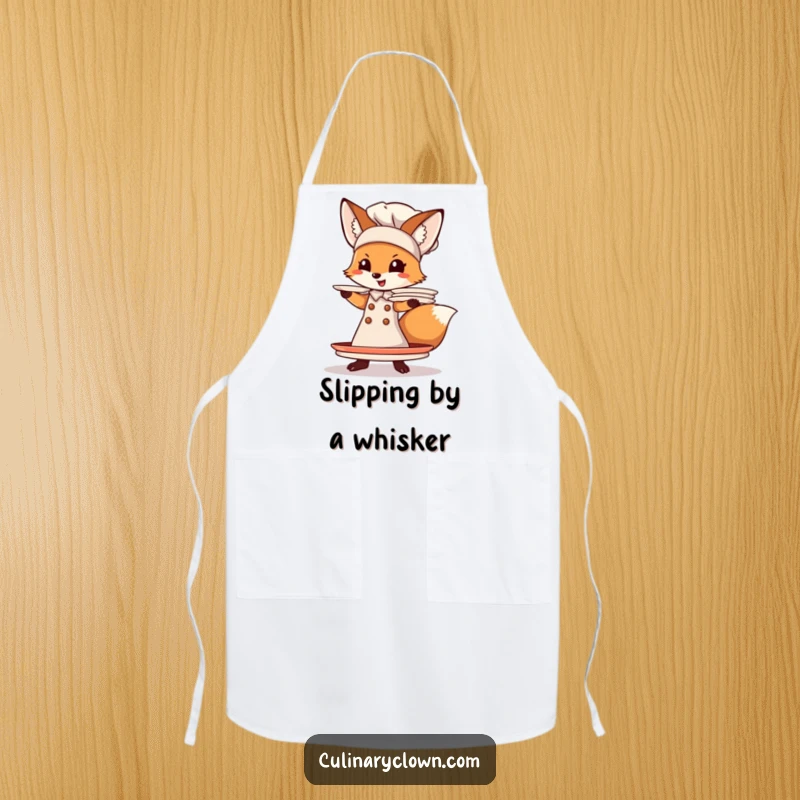 Funny Fox Chef Apron: A comical fox chef balancing dishes, designed for humorous and practical kitchen protection during cooking.