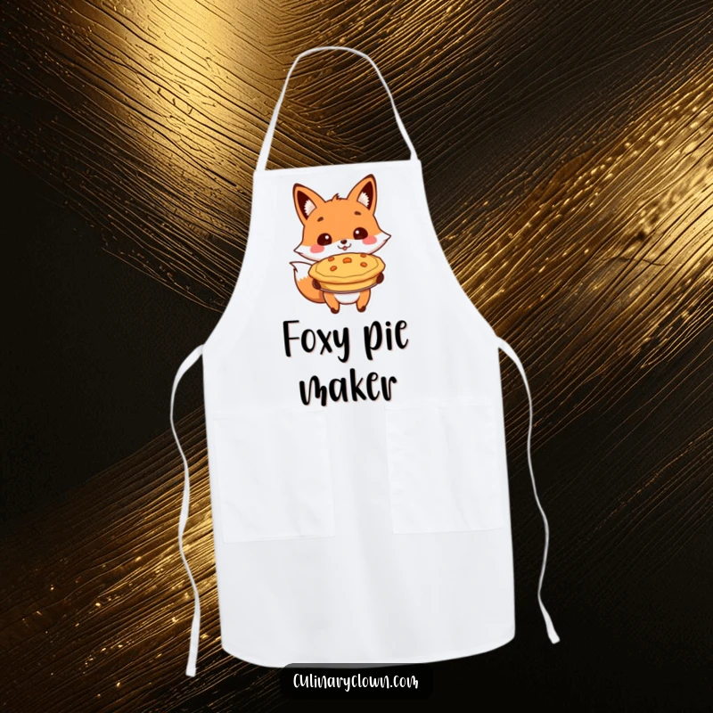 Funny apron showing a cheerful fox character proudly presenting a baked pie, perfect for pie bakers.