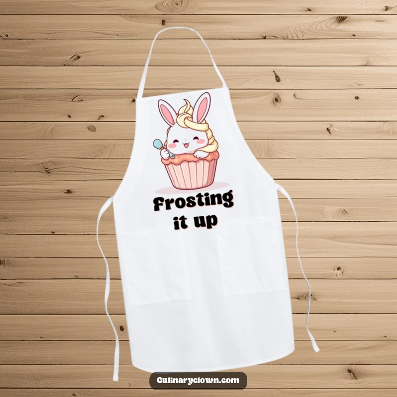 Funny kawaii bunny character enthusiastically frosting a giant cupcake on a baking apron.