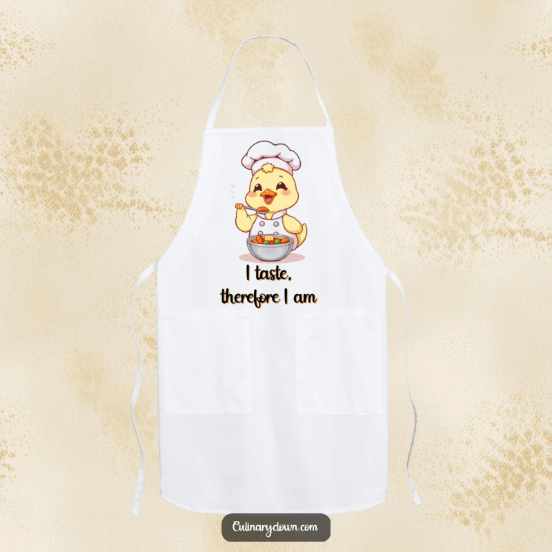 Funny Kawaii Duck Chef Apron: A cute duck chef is enthusiastically tasting a spoonful of stew, ready to cook up a storm.