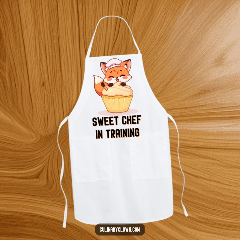 Funny Kawaii Fox Chef Apron: A cute and functional apron featuring a cartoon fox chef gleefully decorating a giant cupcake, perfect for bakers.