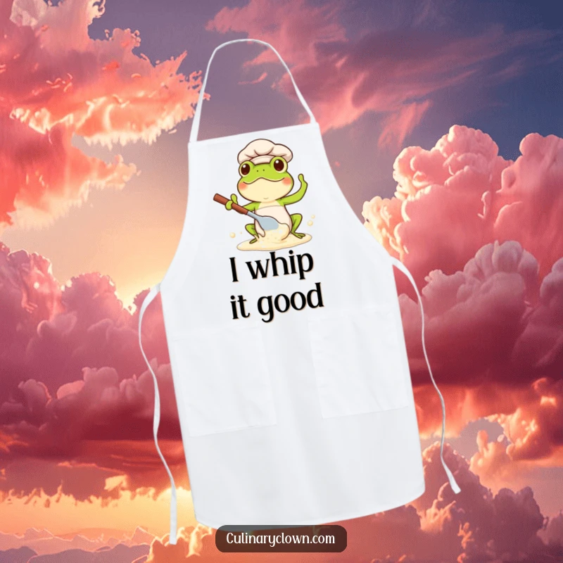 Funny Kawaii Frog Chef Apron: Cute frog chef splashing batter, perfect for messy baking sessions.