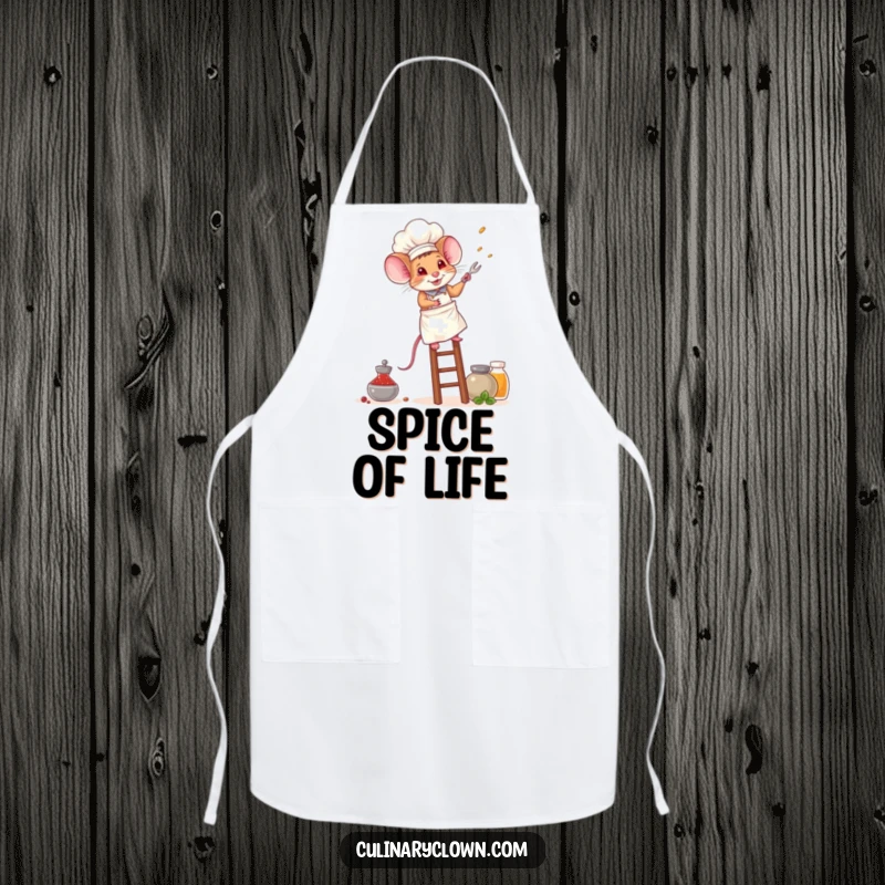 Funny mouse chef apron showing a brave mouse wearing a chef's hat, climbing a ladder to reach a high shelf of spices.