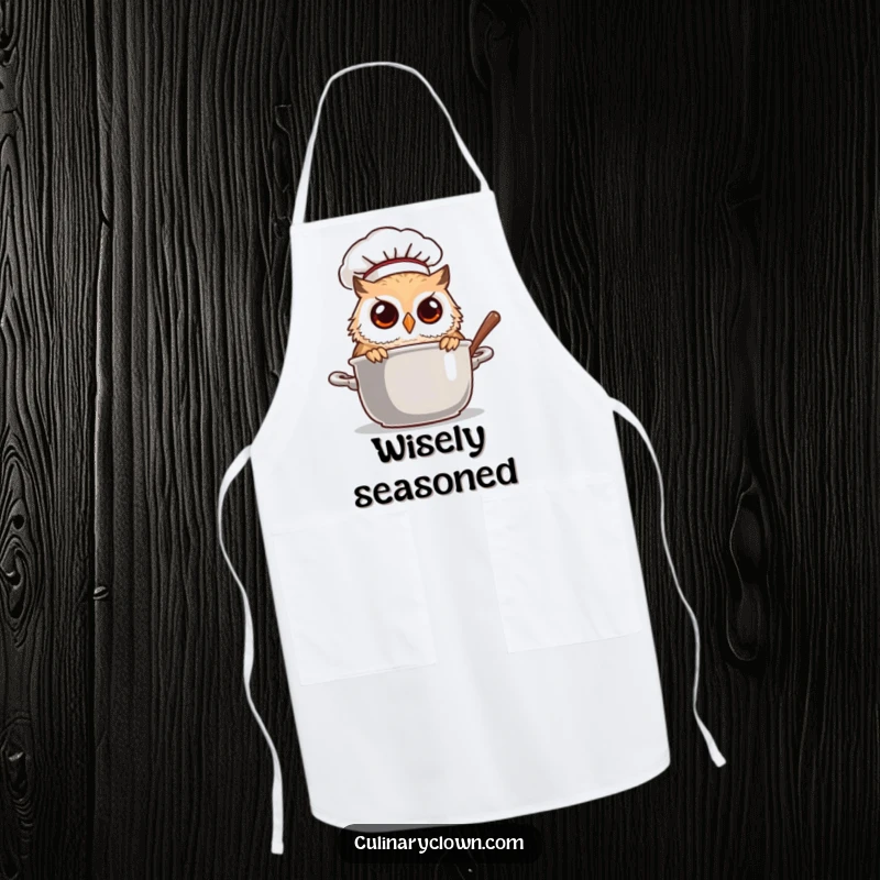 Funny owl chef in a chef hat, peeking into a steaming pot, a humorous and functional apron for culinary exploration.