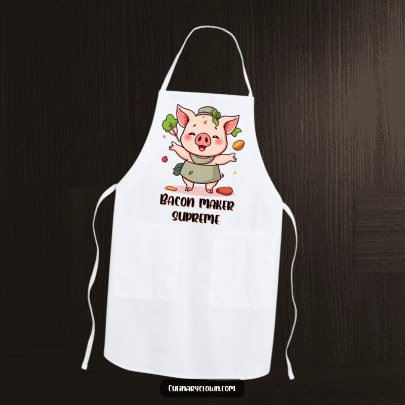Funny Pig Chef Apron with a cheerful pig juggling various ingredients, ideal for keeping clothes clean during cooking.