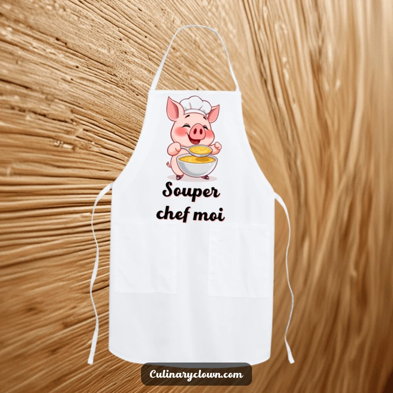 Funny apron showing a happy pig chef character gleefully tasting a huge spoonful of soup, ready to serve up deliciousness.