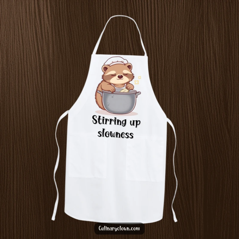 Funny sloth chef apron depicting a sleepy character slowly stirring food, ideal for kitchen protection and humor.