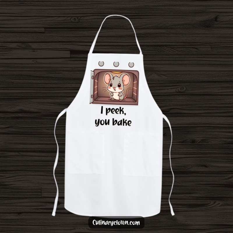Funny apron with a mouse character peeking into an oven, ready for baking adventures.