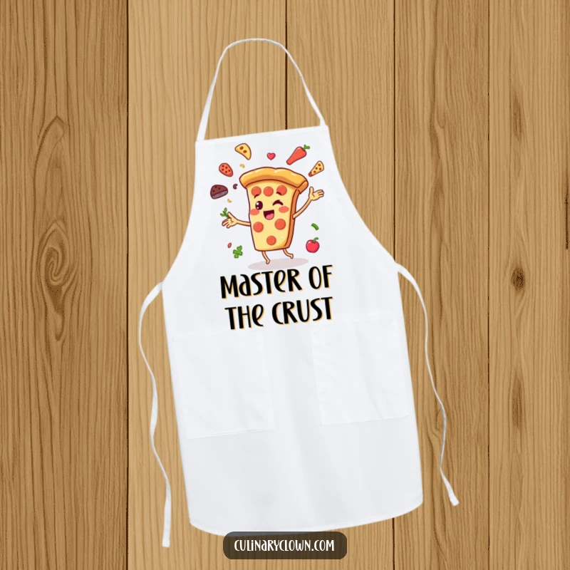 Funny Apron with a cheerful pizza slice character juggling ingredients, ideal for a fun and playful cooking experience.