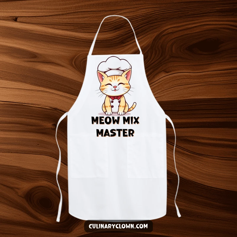 Funny apron of a mischievous cat chef attempting to wear an oversized chef hat, ideal Rfor chefs who love a good laugh.