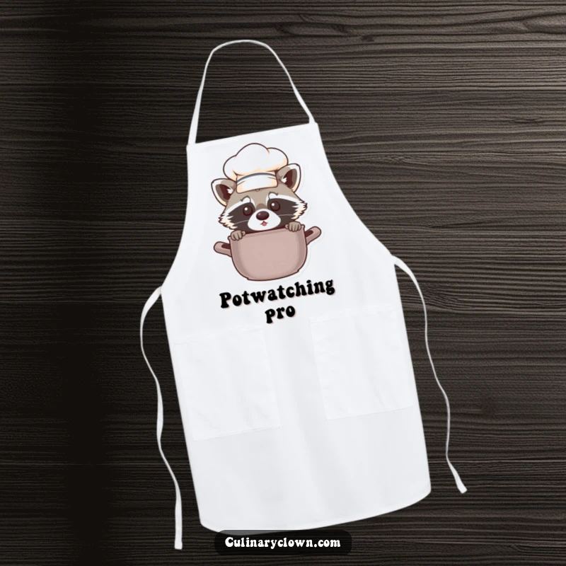 Funny chef raccoon wearing an apron, peeking out playfully while cooking, a humorous kitchen essential.