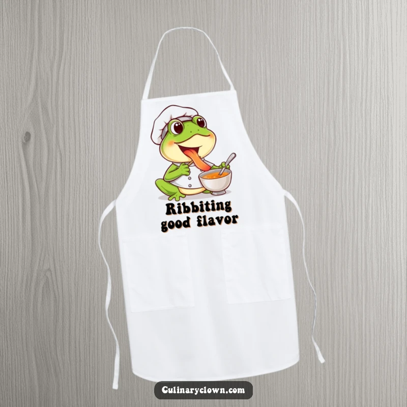 Funny frog chef apron depicting a joyful frog tasting soup, ideal for kitchen protection and happy cooking.