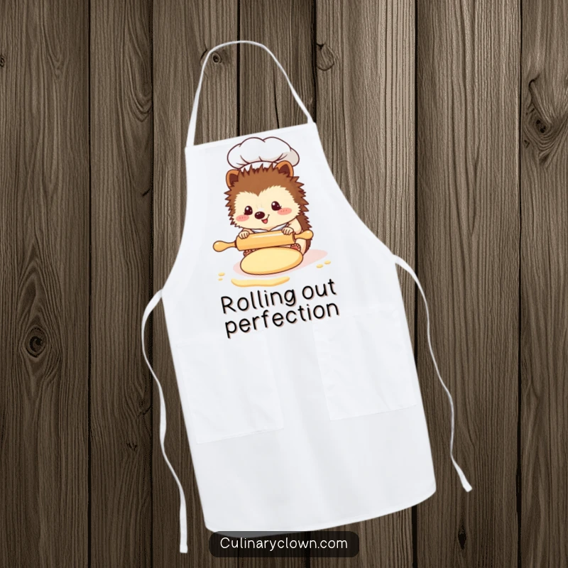 Funny Kawaii Hedgehog Chef Apron: A cute hedgehog chef is using a tiny rolling pin to flatten dough, ready to bake.