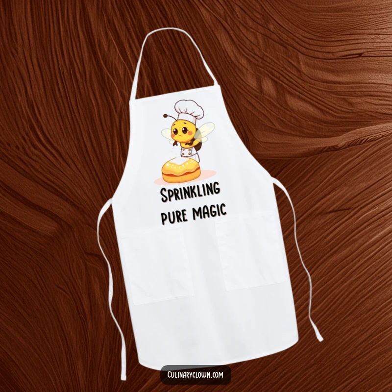 Funny bee chef sprinkling sugar onto a pastry, a humorous and functional apron for baking adventures.