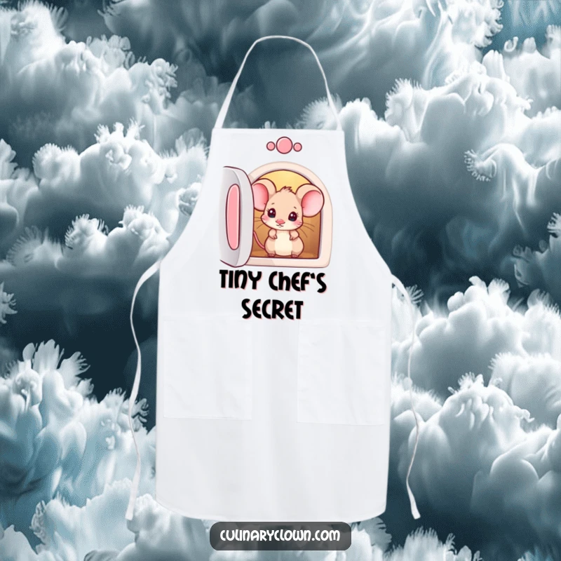 Funny apron depicting a curious mouse character peeking into an oven, adding humor to the kitchen.