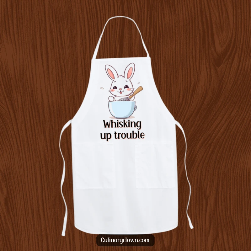 Funny apron showing a smiling rabbit character actively whisking batter with a large spoon, perfect for bakers.