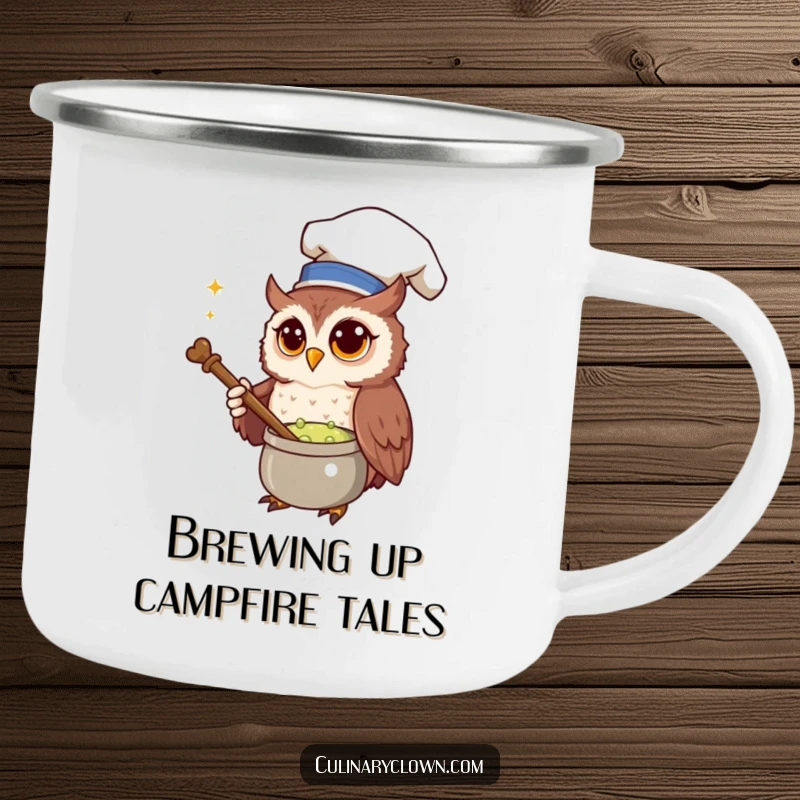 Funny Camping Mug showcasing a curious owl chef stirring a bubbling potion, designed for magical outdoor enjoyment.