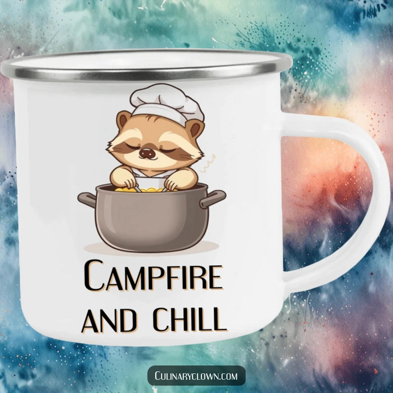 Funny sloth chef camping mug showing a sleepy sloth in chef attire, slowly stirring a large pot, ready for a leisurely outdoor meal.