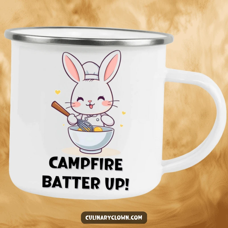 Funny Kawaii Rabbit Chef Camping Mug: Sturdy enamel mug with a cute cartoon rabbit chef whisking ingredients, perfect for outdoor adventures.