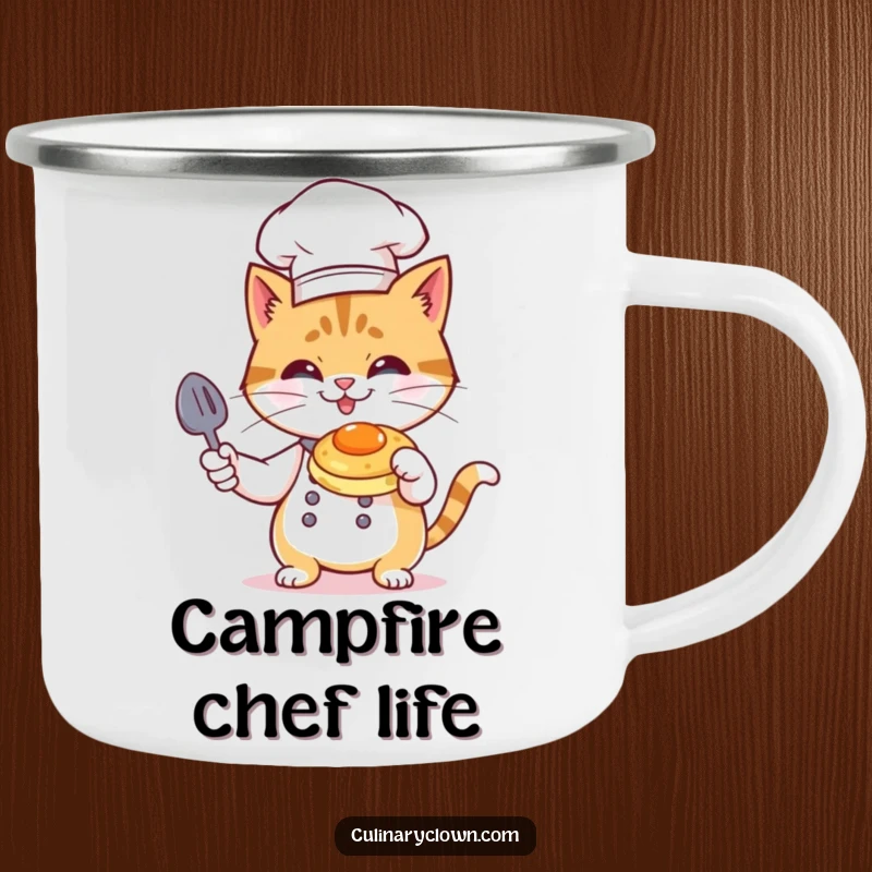 Funny Cat Chef Camping Mug: A cat chef flambéing a pancake outdoors, ideal for campers who love humor.