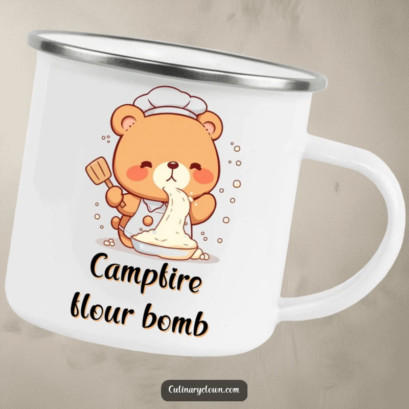 Funny Camping Mug with a cute kawaii bear chef in a comical flour explosion, ready for outdoor kitchen fun.