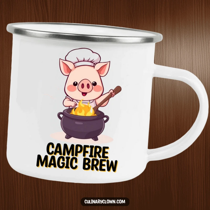 Funny kawaii pig chef stirring a bubbling cauldron, designed for a durable camping mug, ideal for outdoor kitchen adventures.