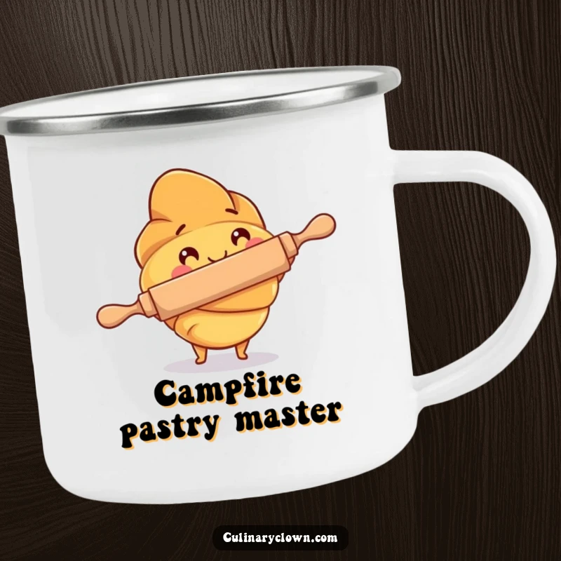 Funny Camping Mug featuring a croissant character using a rolling pin, ideal for enjoying beverages with baking humor outdoors.