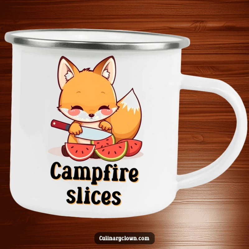 Funny kawaii fox character slicing fruit on a durable camping mug, for healthy outdoor moments.