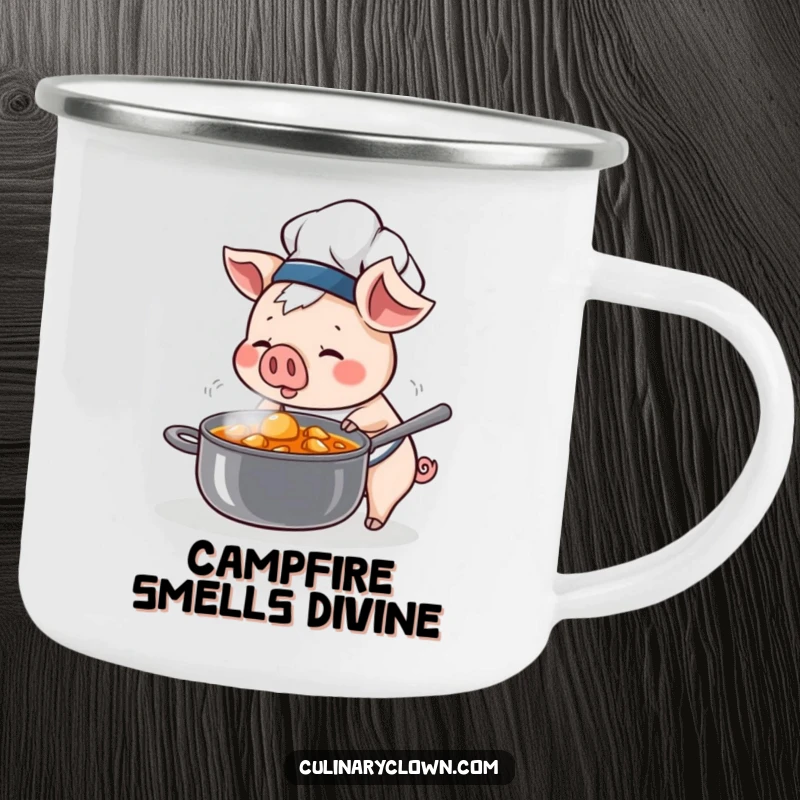 Funny Kawaii Pig Chef Camping Mug: Cute pig chef ready for adventure, perfect for campfire cooking.