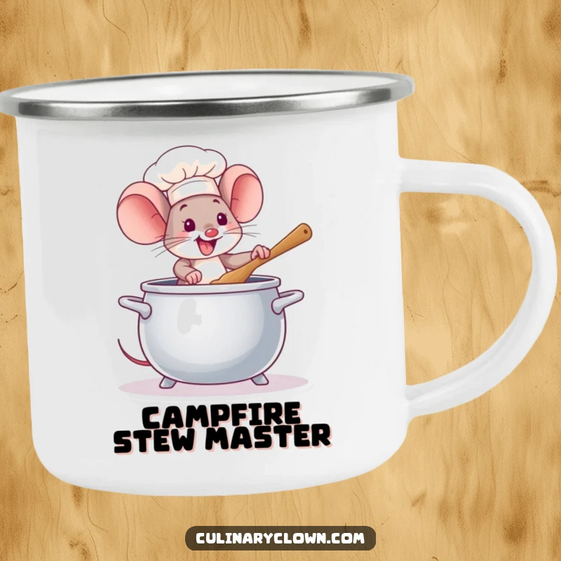 Funny Mouse Chef Camping Mug: A cheerful mouse stirring a large pot, designed for outdoor use and adding a humorous touch to camping.
