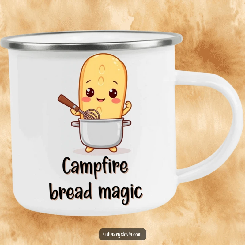 Funny Camping Mug featuring a playful baguette character with bright eyes, whisking contentedly, ready for campfire coffee.
