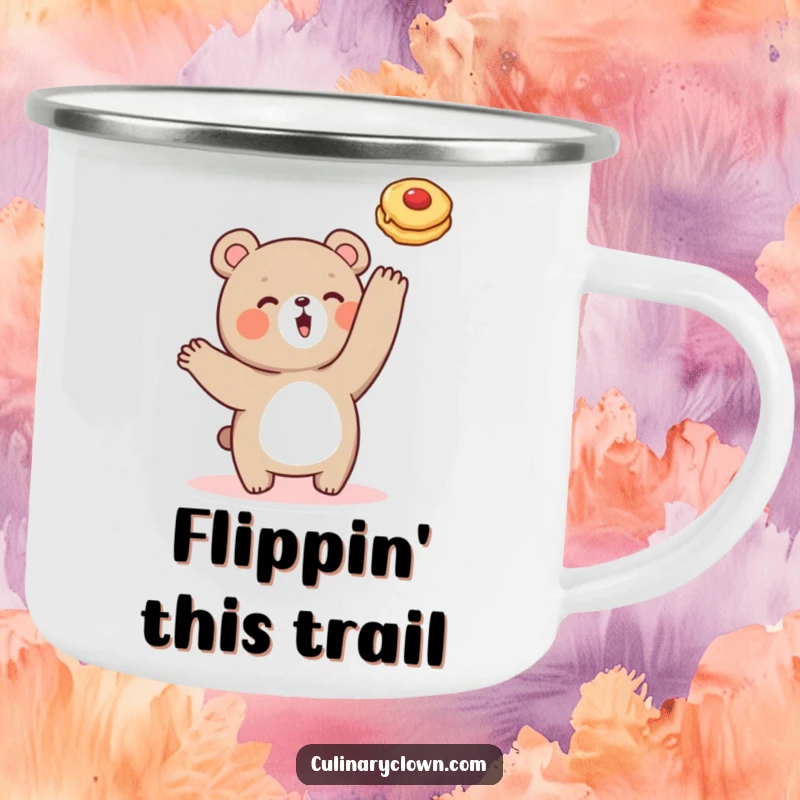 Funny camping mug showing a cute bear character flipping a pancake, perfect for outdoor adventures and breakfast.