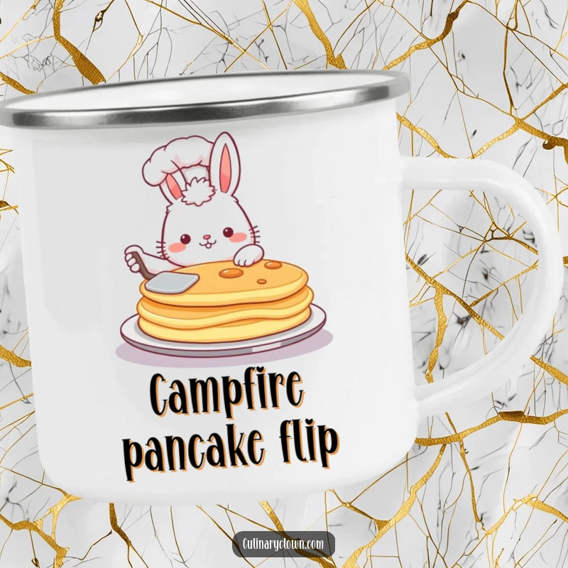 Funny camping mug with a fluffy bunny chef proudly flipping a pancake, perfect for outdoor breakfast enjoyment.