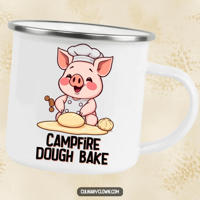 Funny camping mug with a happy chef pig character kneading dough, perfect for outdoor bakers and their humorous gear.