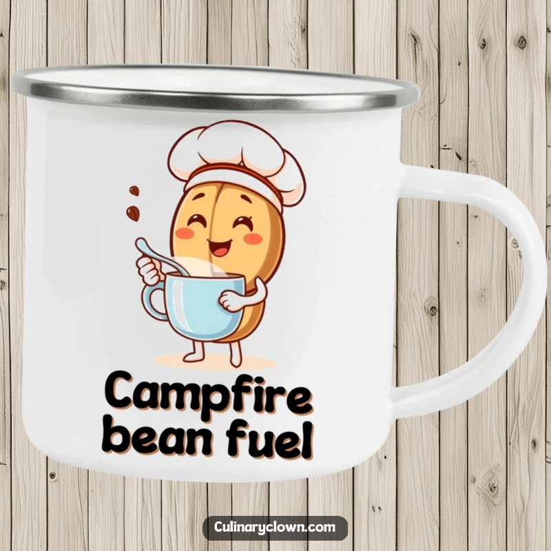 Funny camping mug featuring a cheerful coffee bean chef character stirring coffee, perfect for outdoor adventures and morning brews.