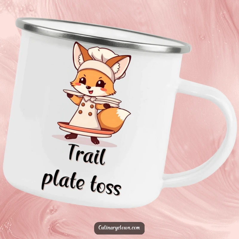 Funny Fox Chef Camping Mug: A comical fox chef precariously balances plates, perfect for outdoor use and kitchen humor enthusiasts.