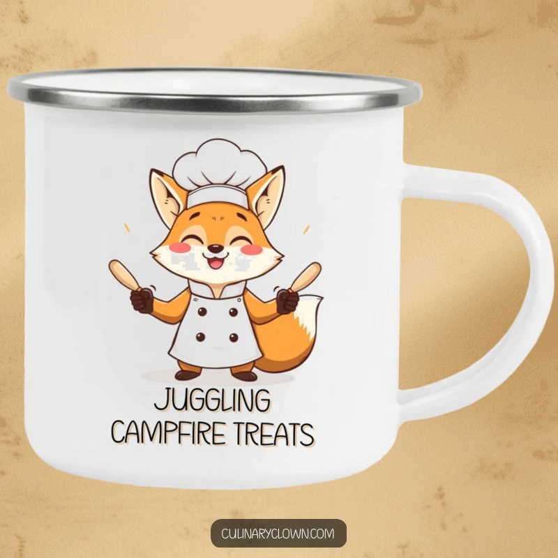 Funny fox chef juggling rolling pins with a grin on a sturdy camping mug.