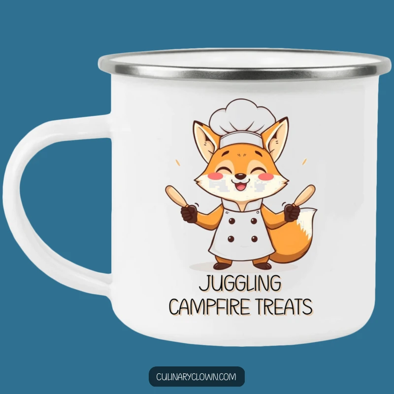 Funny Fox Chef Juggling Camping Mug: Kitchen Fun on the Go