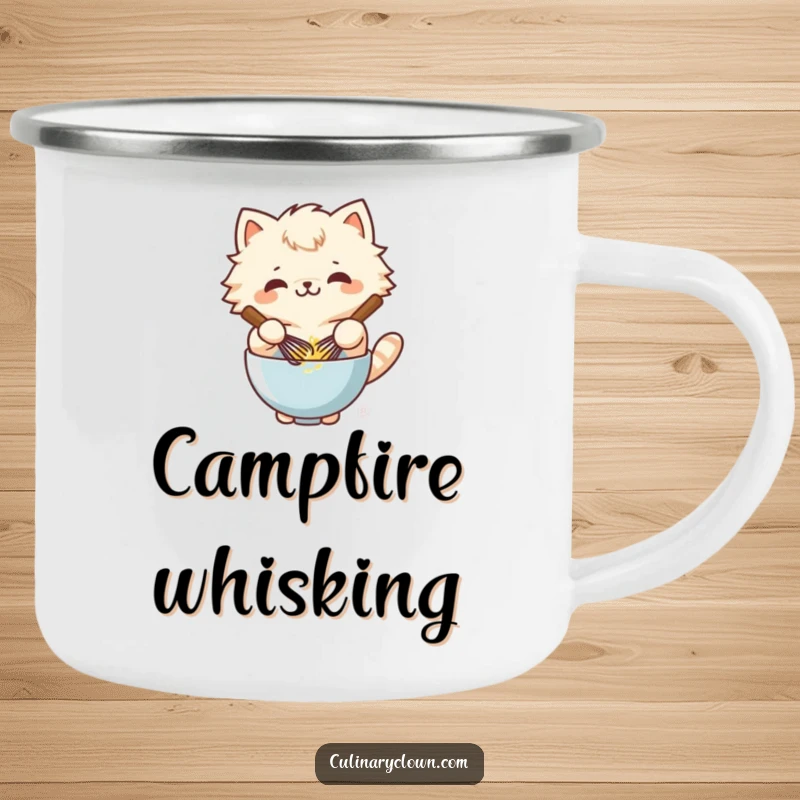 Funny kawaii cat character whisking batter with glee on a durable camping mug, for outdoor bakers.